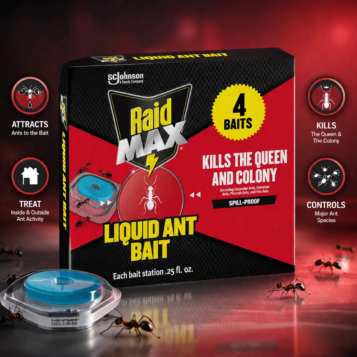 Raid Max Pre-Filled Liquid Bait Stations, Insecticide Gel for Kitchen Ant Control & Colony Elimination, Kills Where They Breed, Indoor/Outdoor Use (4 Stations, Targets German Cockroaches)