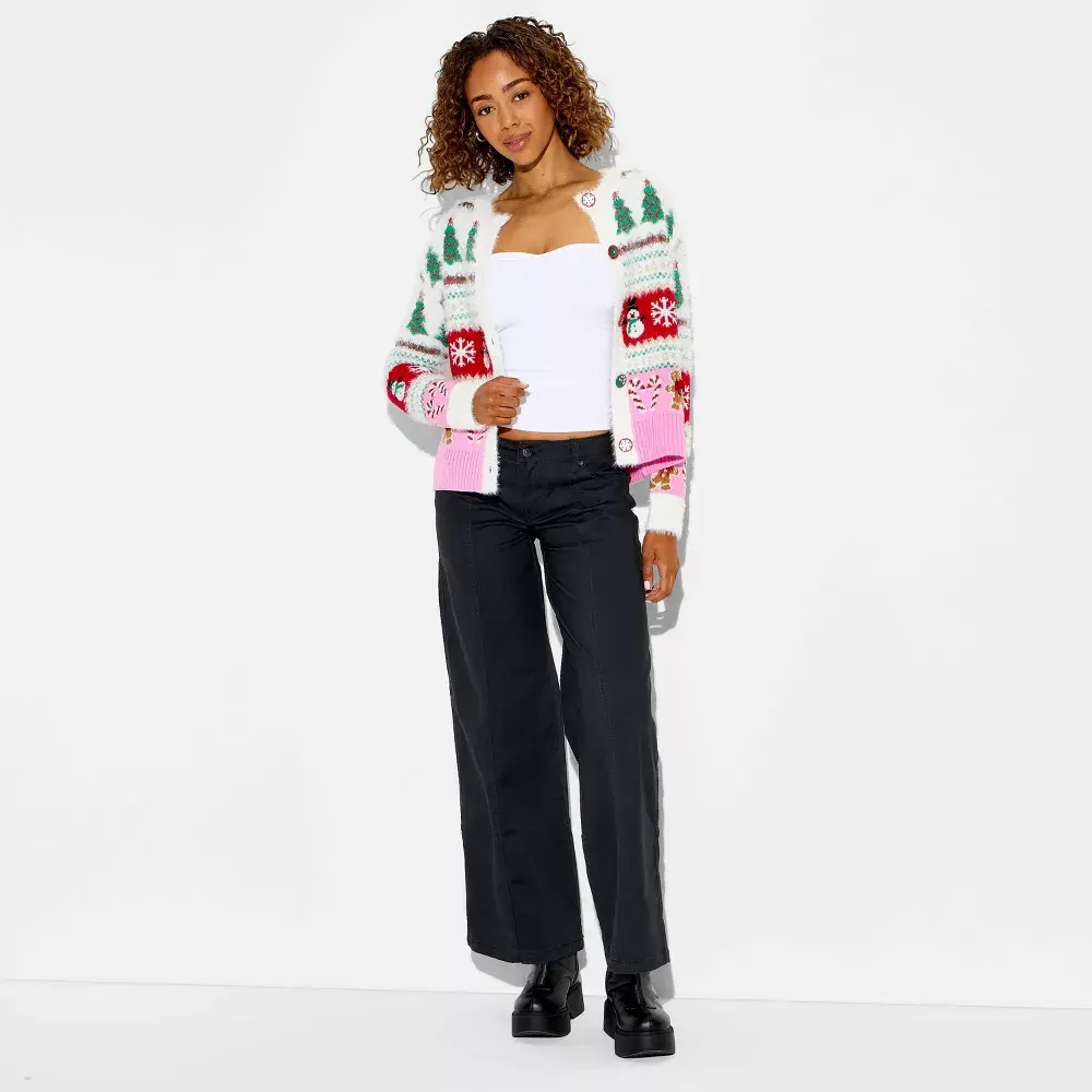 Women's Ribbed Jersey Fabric Festive Holiday Icons Graphic Cardigan, Stylish Garment for Casual Festive Occasions