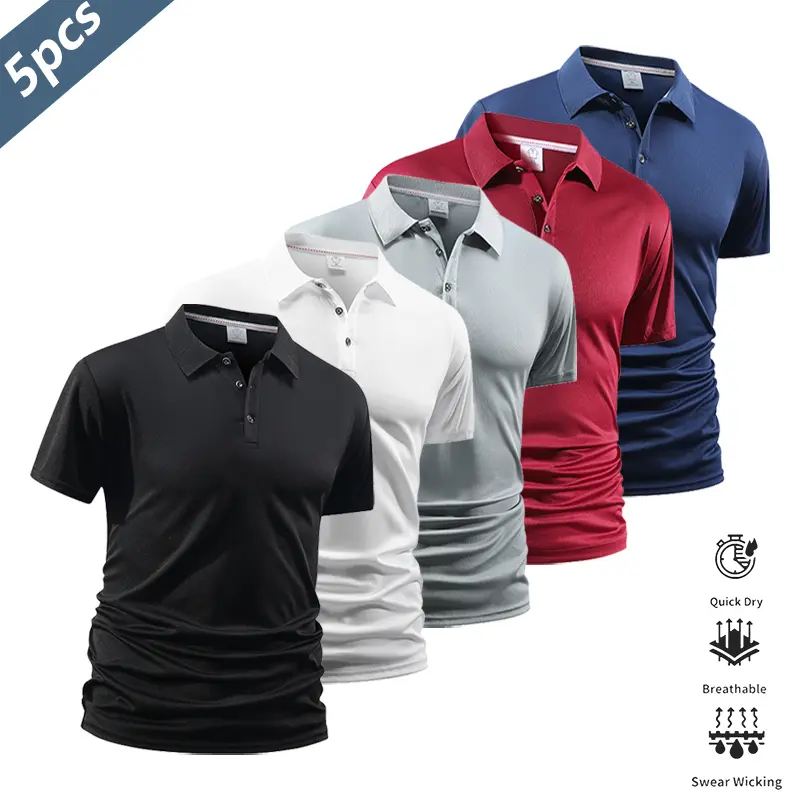 Men's Fitted Polo Shirts 5-Pack - Casual Short-Sleeve Golf Tops with Quick-Drying, Moisture-Wicking Fabric, Contrast Trim for Travel, Smart Casual Apparel
