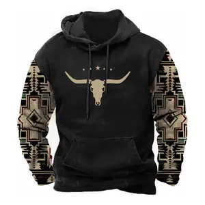 Mens Aztec Hoodie Western Hooded Sweatshirt Cowboy Pullover Warm  Casual Long Sleeve Drawstring with Pockets Menswear Soft Sweaters Stylish Day Jeans