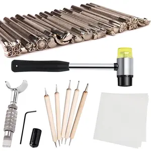 Leather Stamping Tools Kit, Different Shape Saddle Making Stamp Punch Set, Leather Carving Tools Kit with Leather Working Hammer, Swivel Knife, Tracing Paper and Tracing Pen