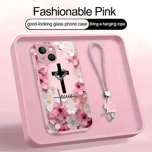 Christian Jesus Cross Floral Art Phone Case, Suitable for [iPhone 15] high-end women's, Lanyard a beautiful four-leaf clover lanyard is included🍀 952
