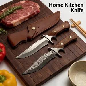 2-Pack 5Cr13 Steel Kitchen Knife Set: Damascus Pattern & Plain Blades with Wood Handles & Leather Sheath