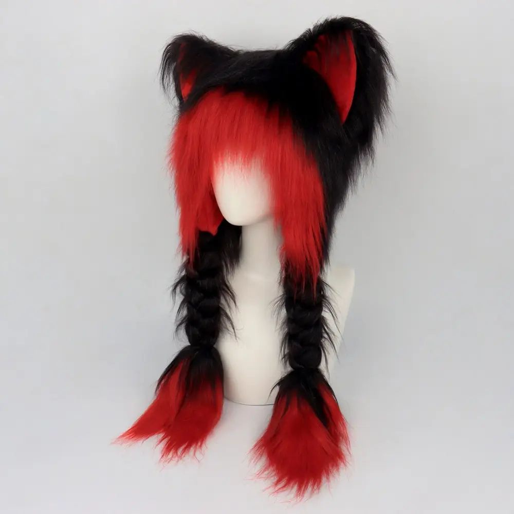 Comfortable Plush Cat Animal Hat with Fluffy Ears & Braids - Soft Cuddly Headpiece Prop, Festive Party Accessories for Cosplay & Winter Outfits