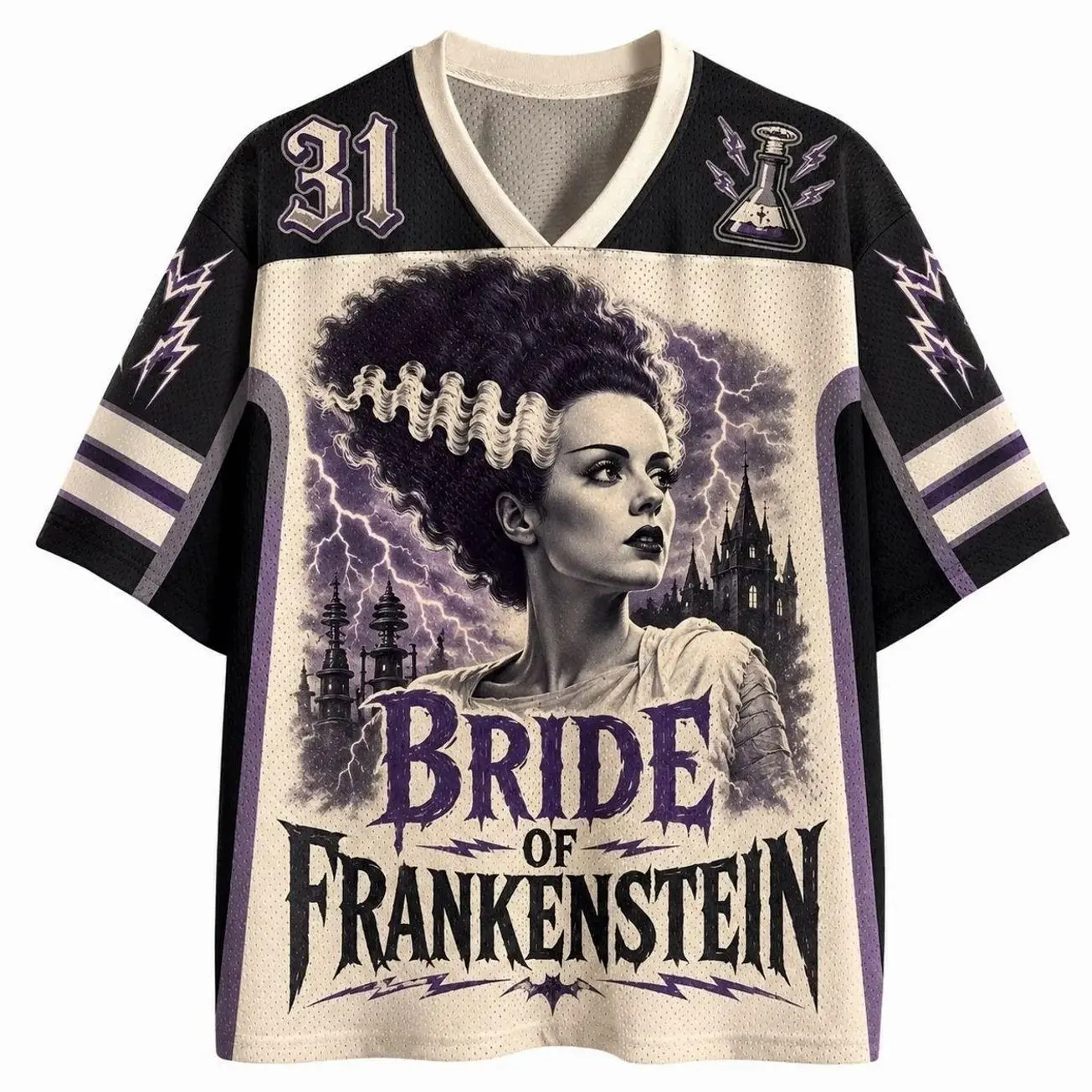 Bride of Frankenstein Jersey Shirt, Classic Universal Horror Movie Graphic Jersey, Vintage Monster Fan Apparel 146 MRX