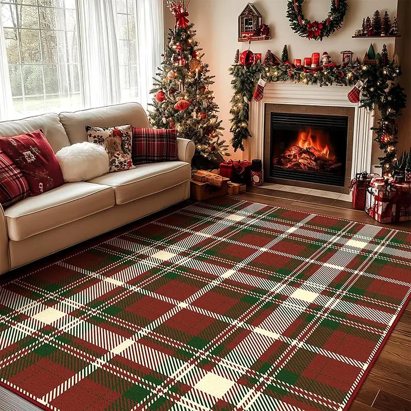 Christmas Plaid Print Carpet, Floor Rugs, Washable Non-Slip Large Decorative Area Rug for Living Room Bedroom Festive Home Decor Checkered Area Rugs