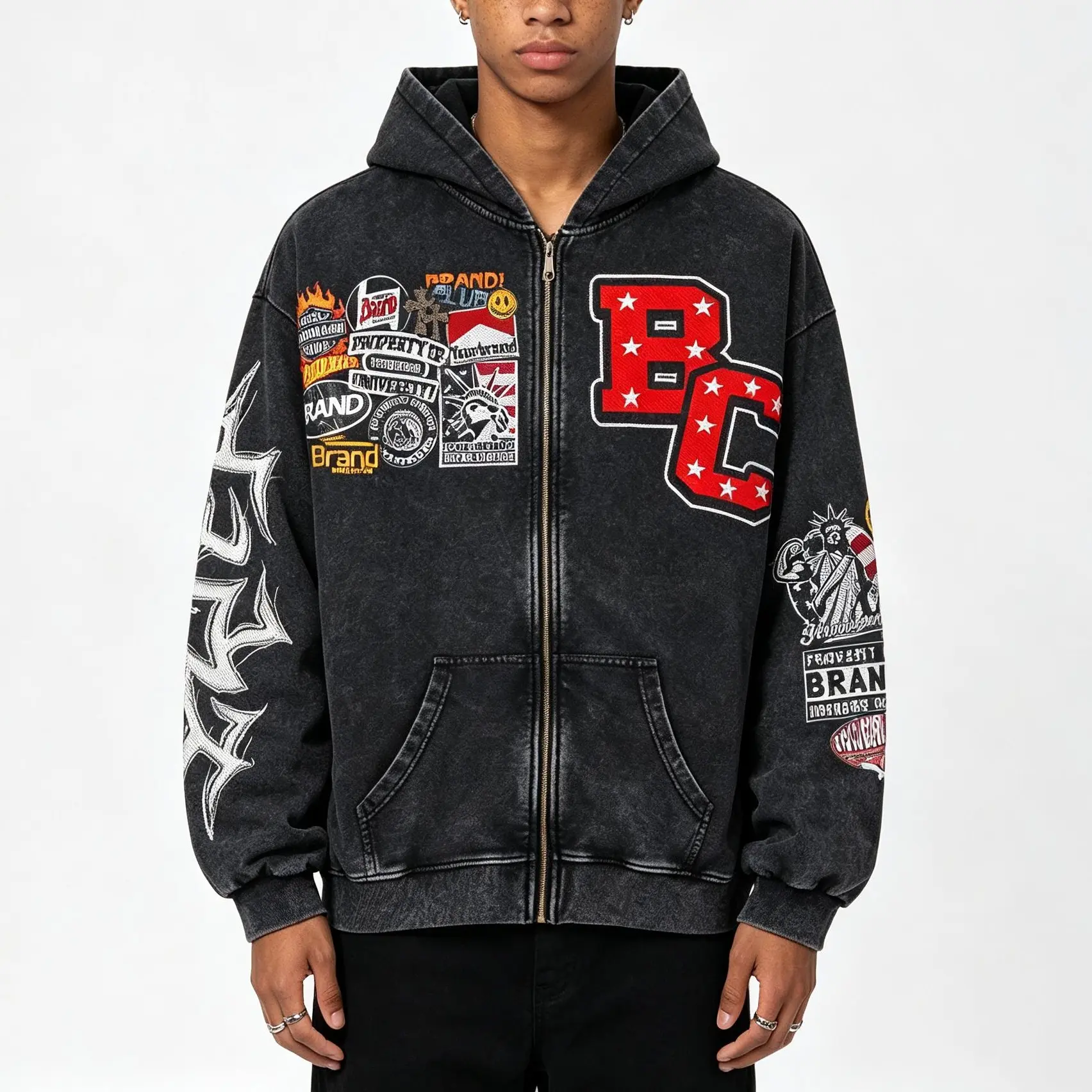 Sopula Studio Men's 90s-Inspired Collared Washed Graphic Hoodie - Retro Peace Club Design, Casual Sportswear, Streetwear, Mensfashion