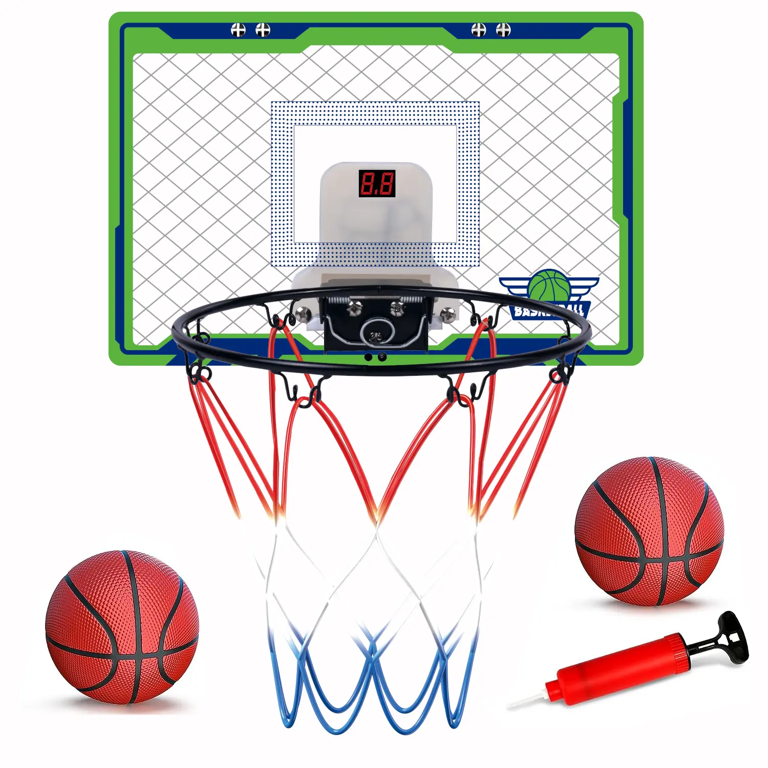 Over The Door Basketball Hoop, Mini LED Lights 3-Mode Scoreboard, Kids Cheerful Game 2 Balls Set, Indoor Mounting Classic Sports, Boys Girls Room Toy Gift Adult Office Party Play, Green, Birthday, Father’s Day