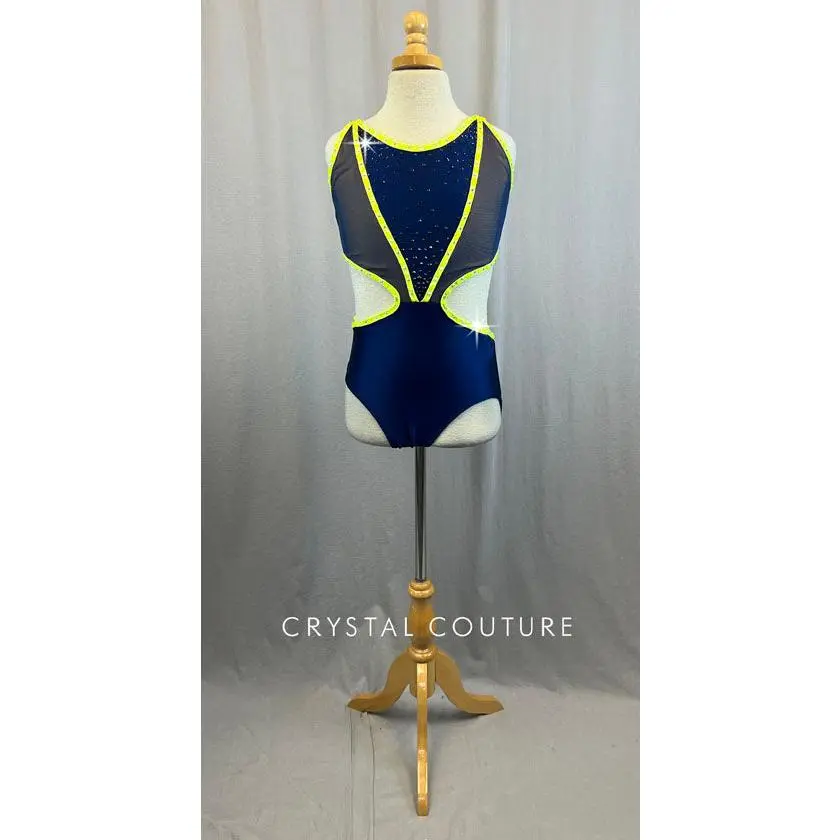 Navy And Electric Yellow Cutout Leotard With Rhinestones