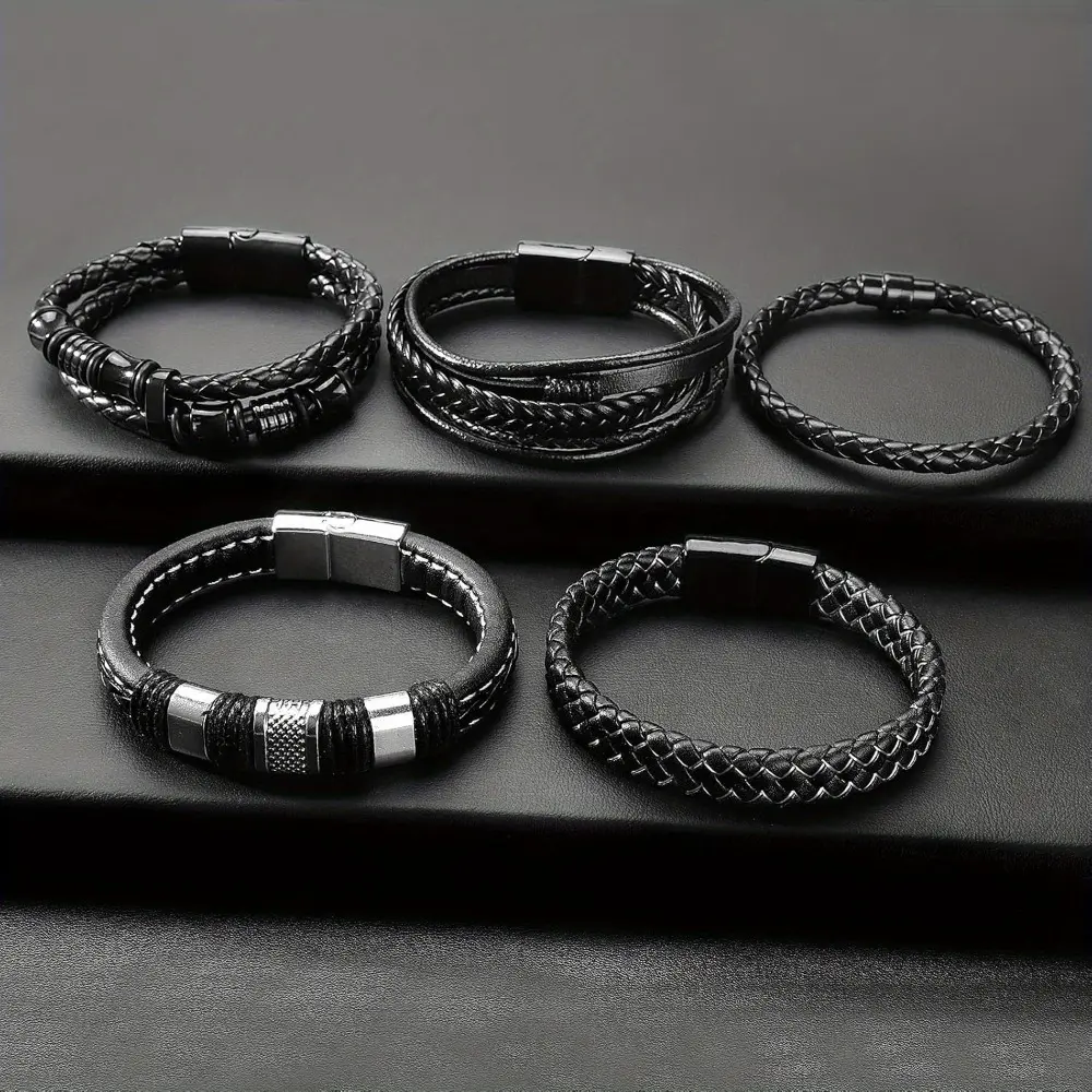 5PCS Mens Bracelet Faux Leather and Steel Braided Cuff Bracelets,PU Black Faux Leather Bracelets for Men Women