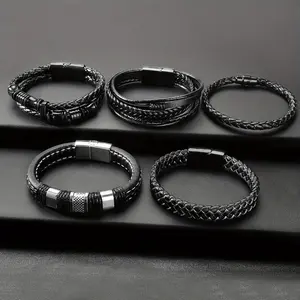 5PCS Mens Bracelet Faux Leather and Steel Braided Cuff Bracelets,PU Black Faux Leather Bracelets for Men Women