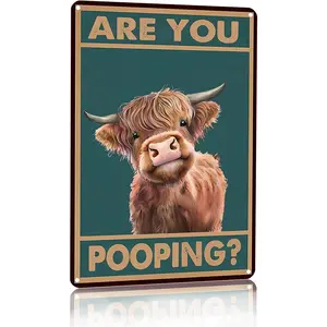 Funny Highland Cow Metal Sign Are You Pooping Bathroom Wall Decor Farmhouse Toilet Humor Art Plaque Cute Animal Restroom Decoration Gift