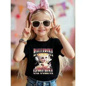 Young Girl's Cute Ballerina Cappuchina Latte Art Graphic Tee for Girls, Funny Coffee Cup Ballet Character T-Shirt, Kids Dance Lover Top Graphic Cotton T-Shirt, Black With Ballerina Cappuchina Theme, Perfect Gifts To Christmas, Exquisite Shirts For Holiday