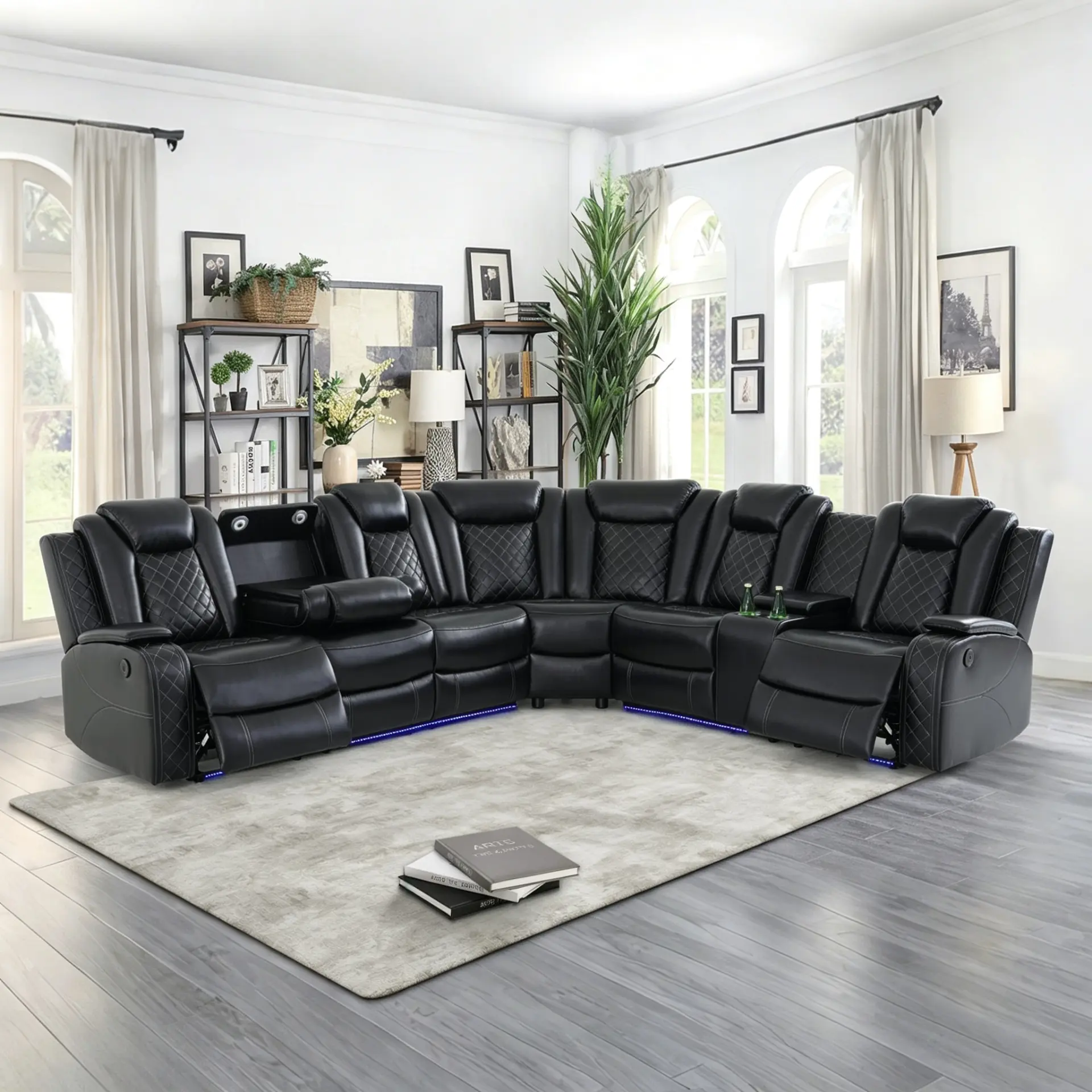 3Pcs Contemporary Modular Sectional Couch - Sleek Black Breathable Leather, Diamond Stitch Perforated Lounge, LED Base Lights, Multi-Functional Center Tray, Charging Ports, Multiple Seats, Clean Design Industrial Home Theater Living Room Furniture