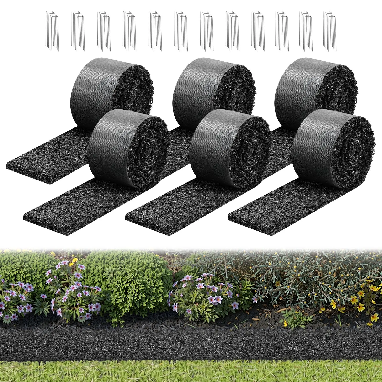 VEVOR 6-Pack Recycled Rubber Mulch Mat Roll, 120x4.5in (3050x115x13mm) 0.5in Thick Cuttable Outdoor Garden Edging, Natural Look Flower Barrier with Stakes, Weed Blocking, Drainage Aid, Breathable, Low-Maintenance, Ground-Cleaning (39.8 lbs)