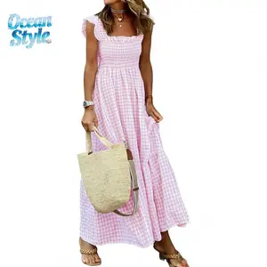 Women's Retro Plaid Smocked Spaghetti Strap Flounce Long Sleeveless Flowy Dress with Pockets, Cute Elegant Casual Wear Clothes for Spring Sky Evening Occasions