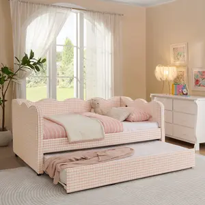 Aurnienofus Vintage Gingham Print Wave-Shape Twin Daybed Sofa Bed Frame, Linen-Upholstered, USB Port-Equipped, No Box Spring Needed, for Living Room, Bedroom, Pink