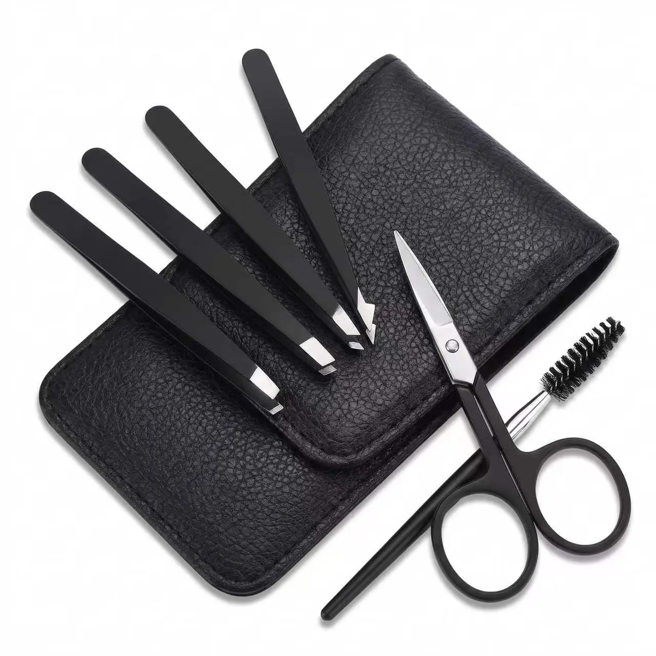 6-Pcs Durable Stainless Steel Industrial Tweezers Kit, Professional Precision Hand Tools with Brush, Ergonomic Handle, Black Travel Storage Pack, for Wig Plucking & Splinter Extraction, Ideal Gift Option, Eyebrow Shaping Kit Compatible