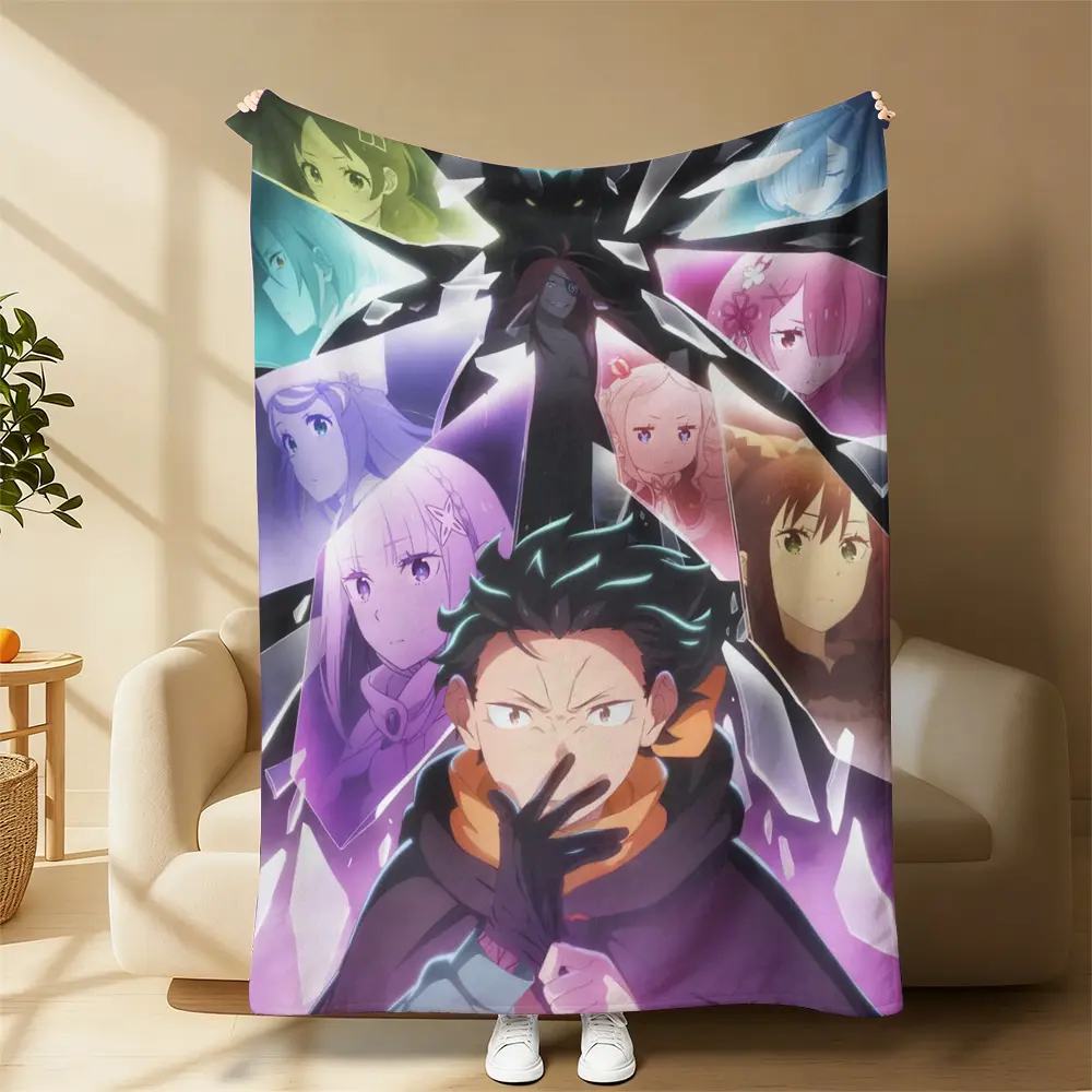 Re 0 Main Characters Shattered Mirror Anime Throw Blanket Subaru Emilia Rem Ram Group Official Art Print, classic birthday & holiday gift for Re:0 anime and manga franchise fans,soft flannel fleece blanket multi use for bed sofa couch indoor outdoor