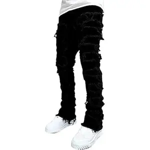 Mens Black Stacked Jeans Slim Fit Ripped Jeans Destroyed Straight Denim Pants Harajuku Hip Hop Trouser Streetwear No.227