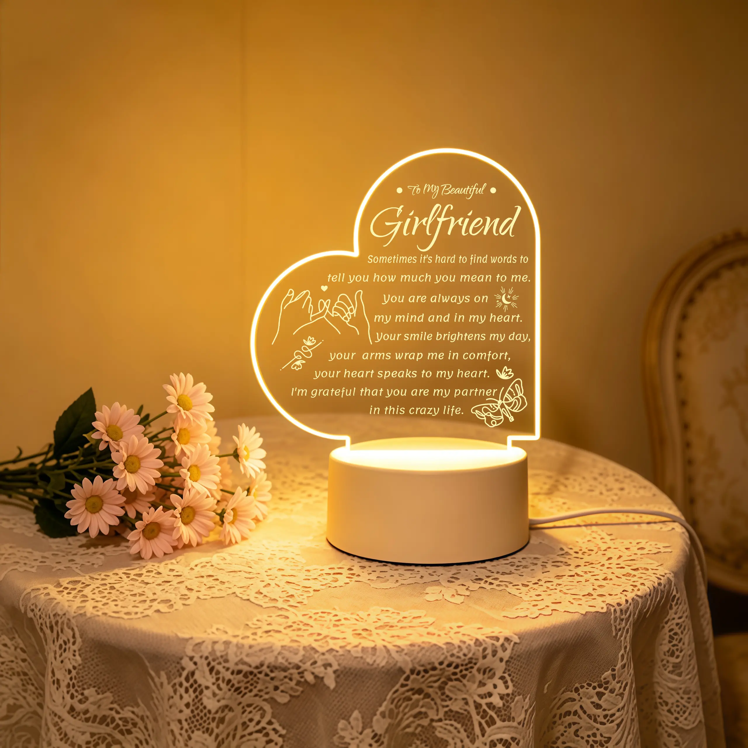 Heart Shaped Engraved Acrylic LED Night Light - Decorative LED Light, Love Theme, USB Powered, Soft Warm Glow, Valentine's Day Gift for Girlfriend, Bedside Decor Keepsake for Anniversaries, Birthdays