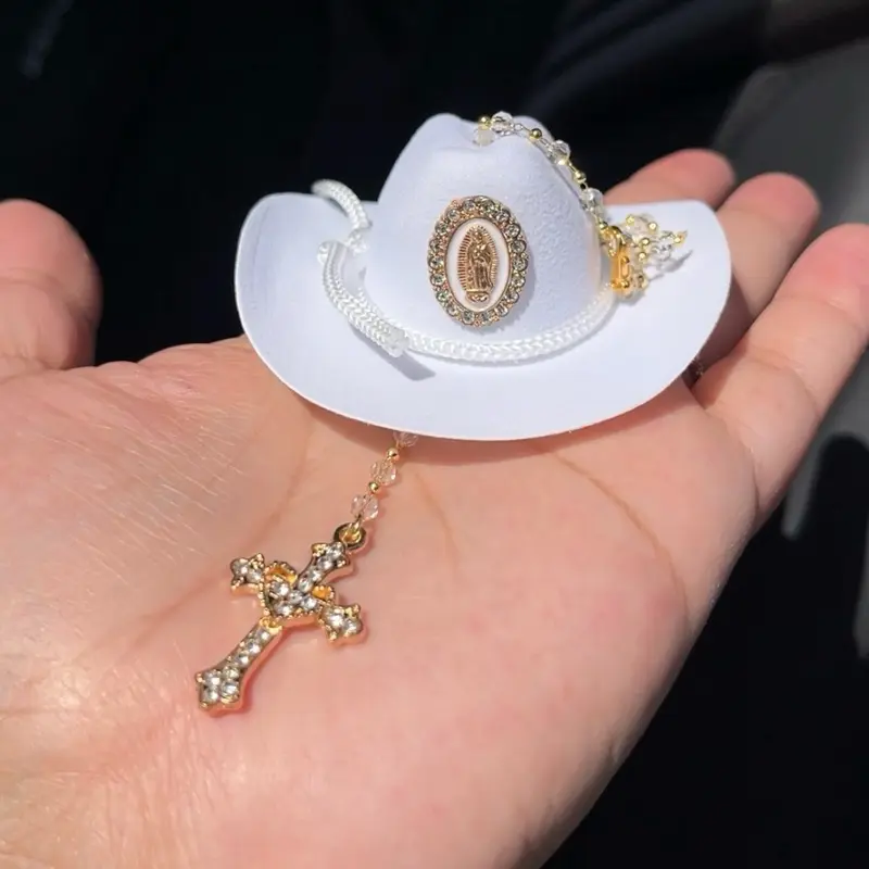 Virgin Mary Car Blessing Charm - Handmade Protection Gift Decoration with White Sombrero, Cross Pendant, Car Accessories , Men's Accessories with  Pendant Design