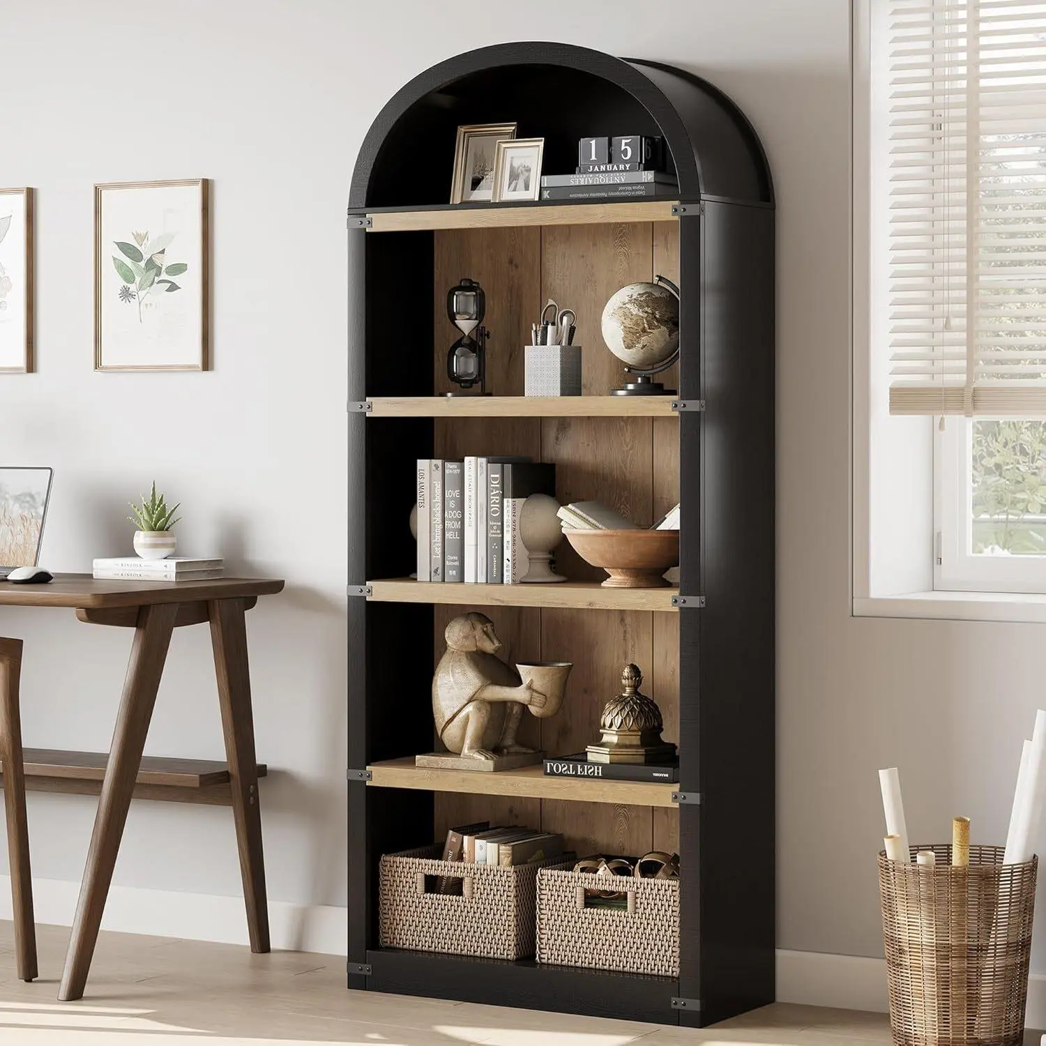 Gaomon Arched Top 5-Shelf MDF Wooden Bookcase, 71in Tall Stable Storage Rack with Rugged Metal Accents, Cleaning-Friendly Rustic Yet Modern Farmhouse Display with Arched Rustic Charm for Home Office - Assembly Required, Black/Natural
