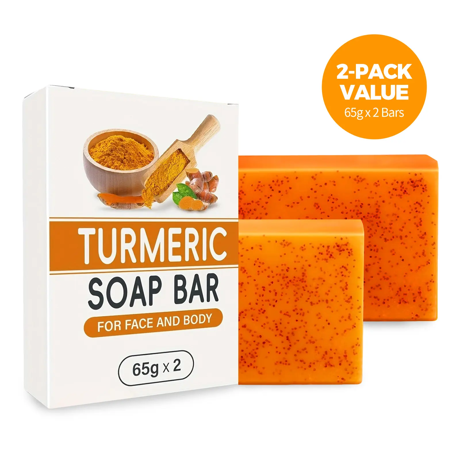 Turmeric Kojic Acid Bar Soap for Brightening & Dark Spot Correction - Exfoliating Sudsy Cleanser for Face & Body Care, Cruelty Free, 2-Pack