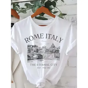 Rome Italy Letter Print T-shirt, Short Sleeve Crew Neck Casual Top For Summer & Spring, Women's Clothing