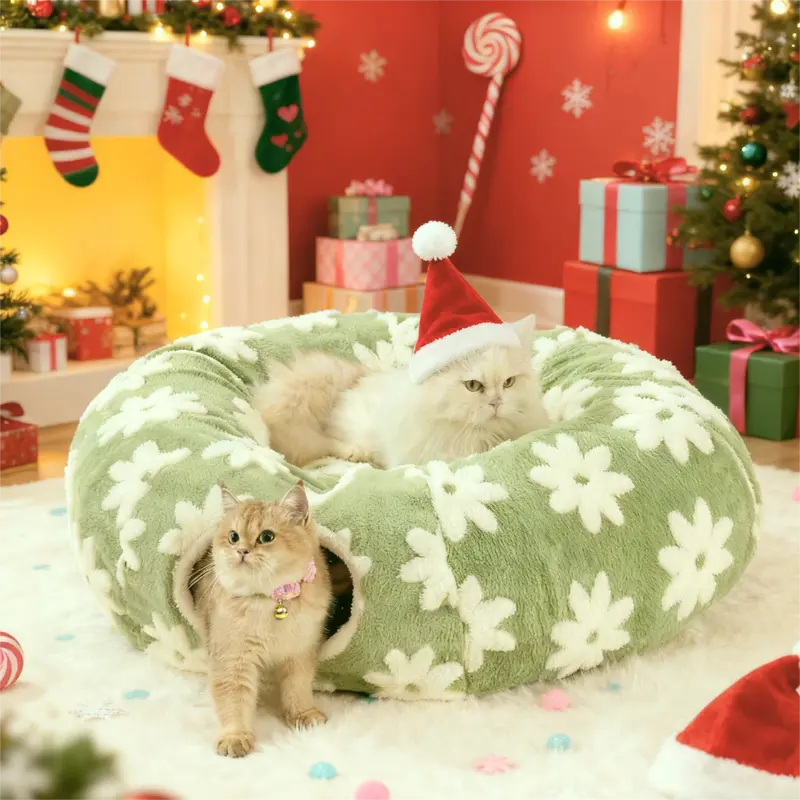 Lesure Cat Tunnel Bed for Indoor Cats - Warm&Cozy Cute Cat Donut Tunnel with Washable Circle Cushion, Under Christmas Tree, Round Pet Play Tunnel Toy for Kitten/Puppy/Rabbit, Peekaboo Cave Toy, Cool Cat Stuff, Perfect for Autumn & Winter Calming