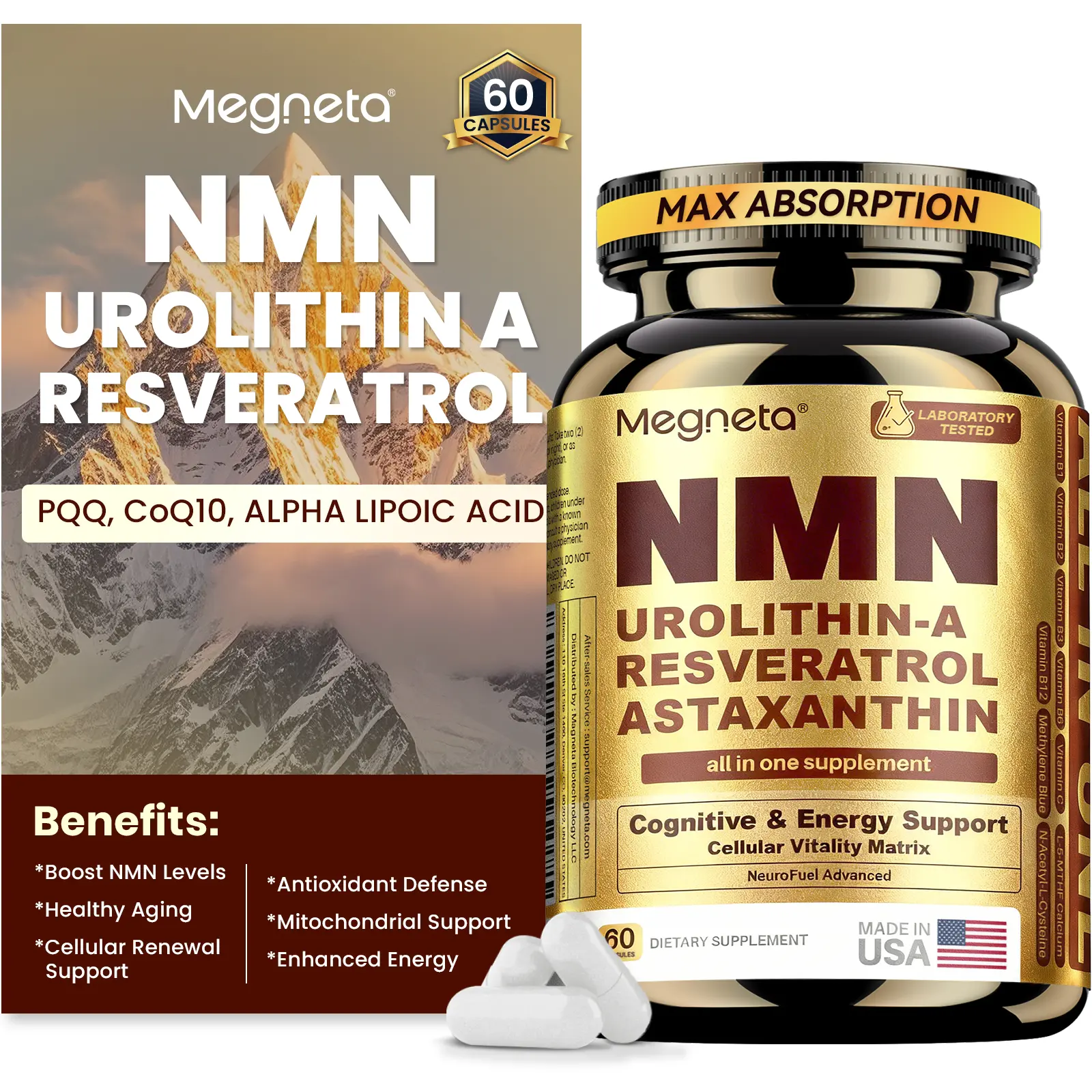 Megneta NMN 10-1 Complex, Pure NMN 600 mg with Resveratrol, CoQ10, PQQ, Urolithin A, and Astaxanthin | NAD+ Supplement Precursor | Supports Cellular Energy and NAD+ Levels summerwins