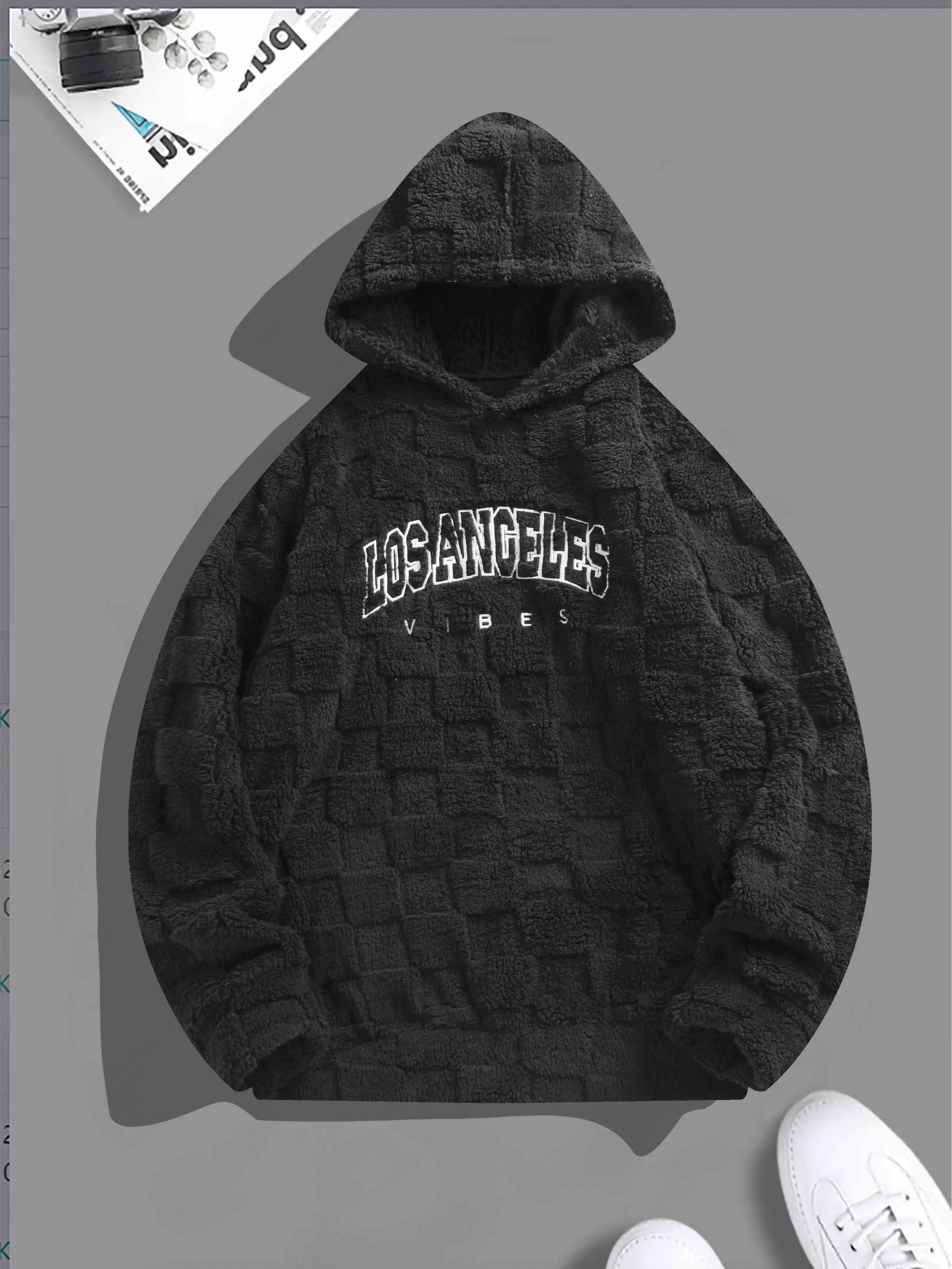Men's Embroidered Hoodie, Loose-Fit Streetwear Pullover in Grid Fleece and Soft Stretch Nylon with a Suede Texture, Menswear, Tops, Long Sleeve, Clothing, Sweatshirt