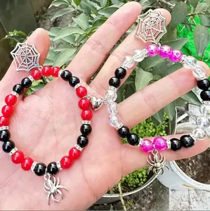 2Pcs Valentine's Day Magnetic Spider Web Pendant Bracelet, Synthetic Stone Beads, Charm Unisex Bracelet, Couple Friendship BFF Gift for Christmas