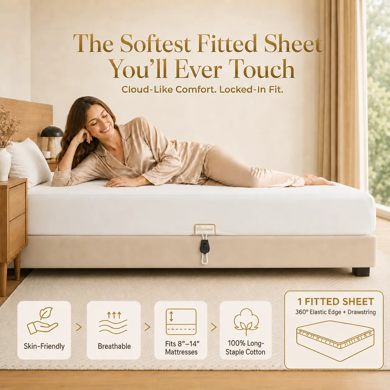 CieloCloud Fitted Sheet Only Upgraded Drawstring with 360°Elastic Strap to Stay Tight, Egyptian Cotton Fitted Sheet King deep Fits 8" to 14" Mattress,No Slippage, Luxury hotel Soft and Comfortable luxurious comfort breathable durable pocket