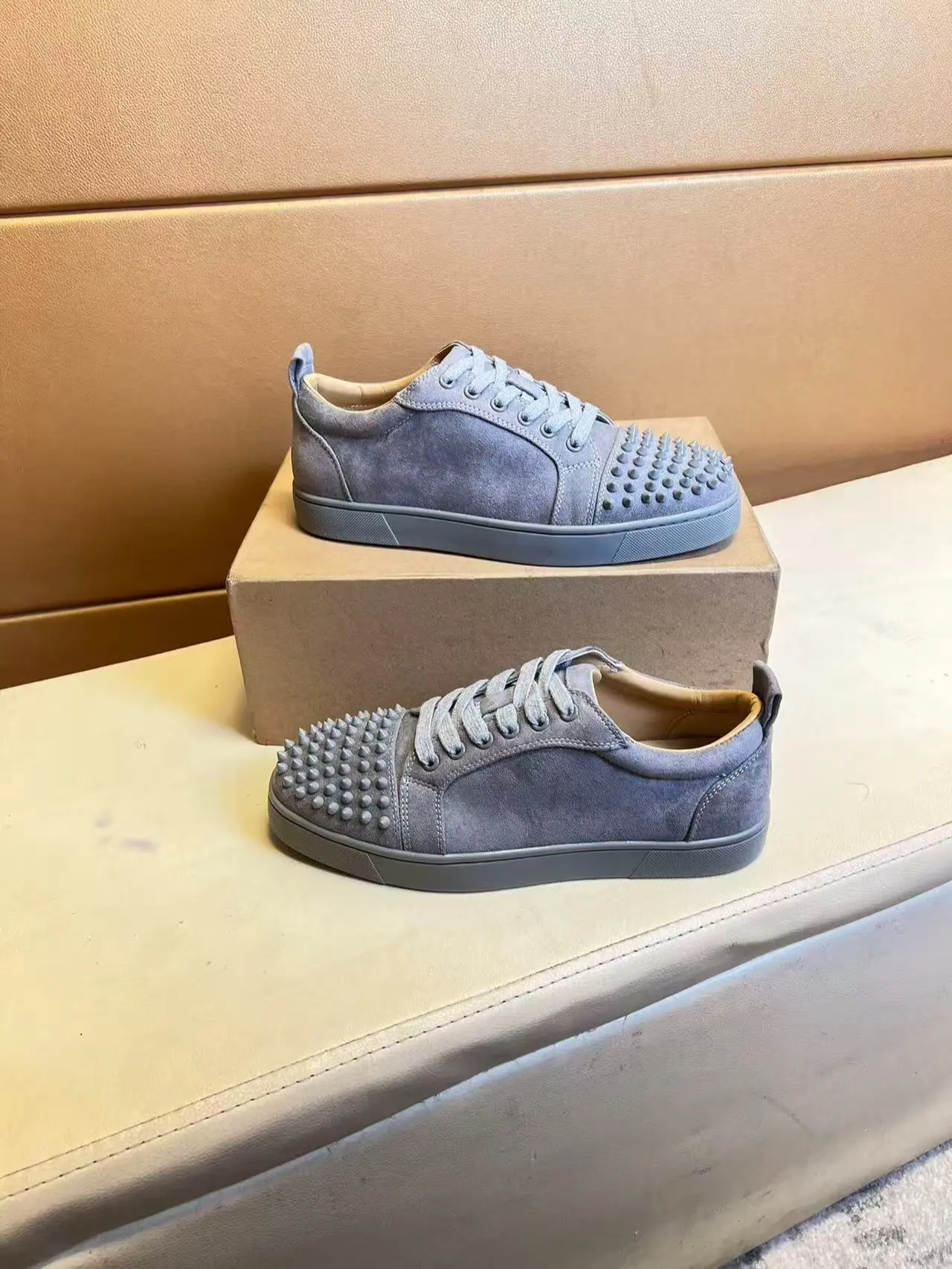 Unisex Gray Suede Low Top Sneakers, Lace Up Casual Shoes with Matching Studded Spike Toe, Trendy Streetwear Footwear for Men Women, Great for Club Party Night Out, Comfort Flat Sole Fashion Sneaker