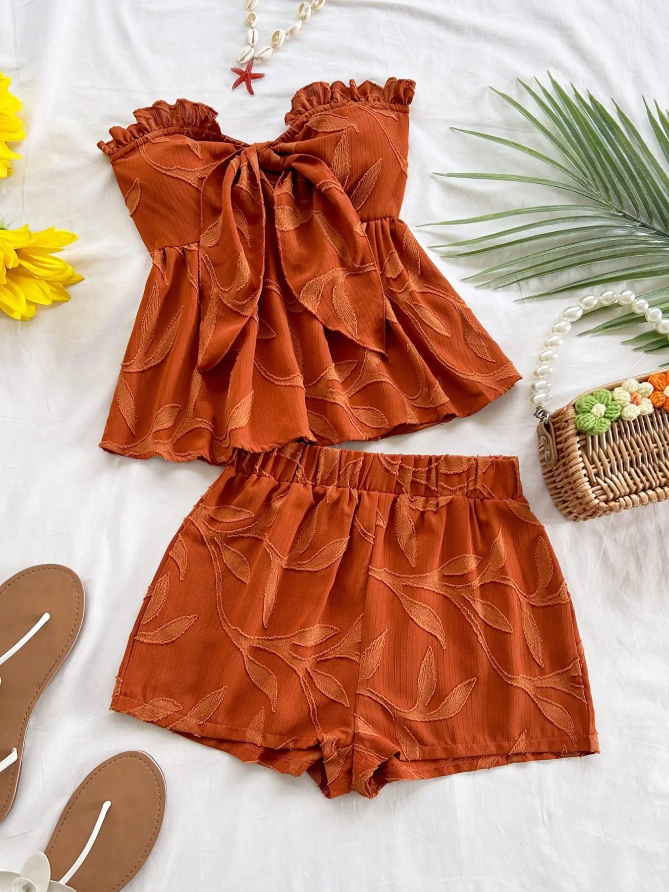 Women's 2-Piece Set Plant Print Top and Casual Shorts, Perfect for Daily Wear, Vacation, Holidays, Dates, Comfortable and Stylish Outfit