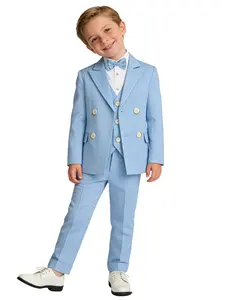 High-quality herringbone pattern four-piece suit set for young children, teenagers and junior boys, Double-Breasted Collar Jacket, Blazer & Vest, Long Pants & Tie, Formal Wedding Party School Event Wear, Clothing Set, Clothes Kids
