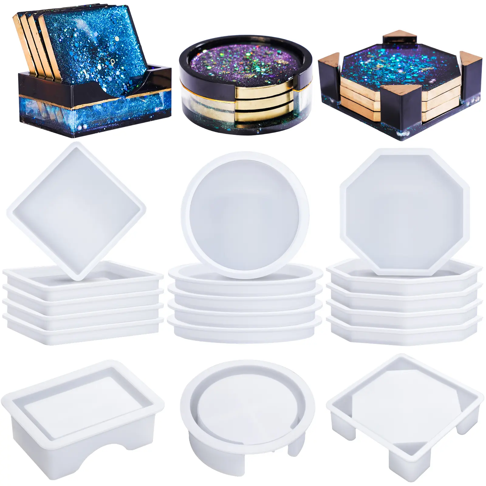 18 Count Coaster Resin Molds Silicone with Round Square Octagon Shape Holder Molds for Epoxy Resin, DIY Art Craft Cup Mats LET'S RESIN