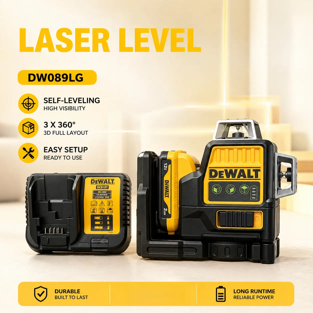 DEWALT DW089LG 12V Green Laser Level, 4° Self-Leveling, 3mm@10m High Precision Green Beam, Construction & Renovation Layout Tool