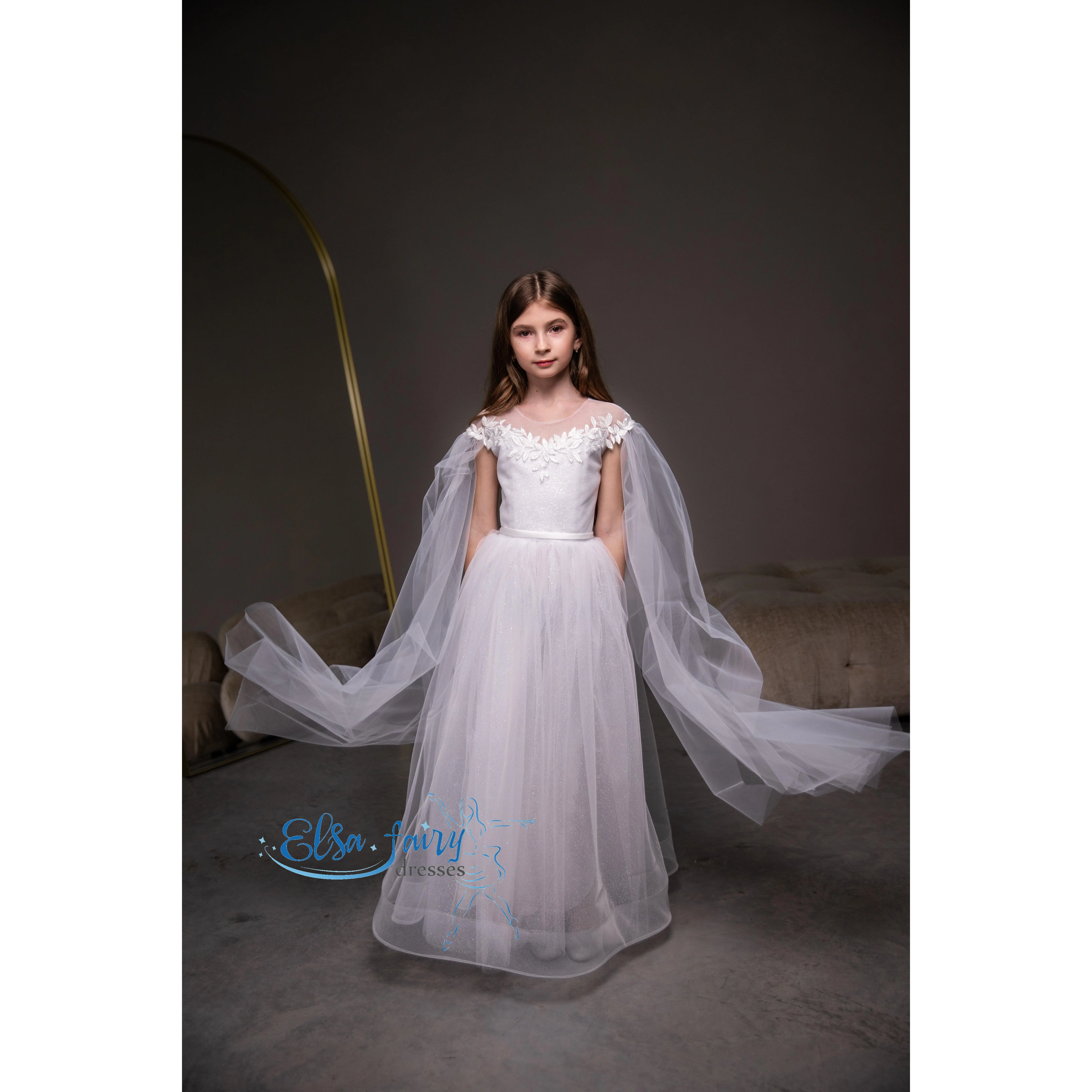 White First Communion & Baptism dress, Flower Girl Dress, wedding guest dress, formal wear, special occasion gown, Junior Bridesmaid dress Lace Satin