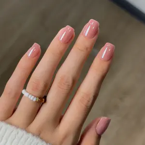 CurvLife Pink Nude Chrome Press On Nails | 30Pcs | Short Square Fake Nails | Pearl Glazed Finish | Summervibes | Easy Apply, Natural & Comfortable | Daily, Business & Elegant Nail Art