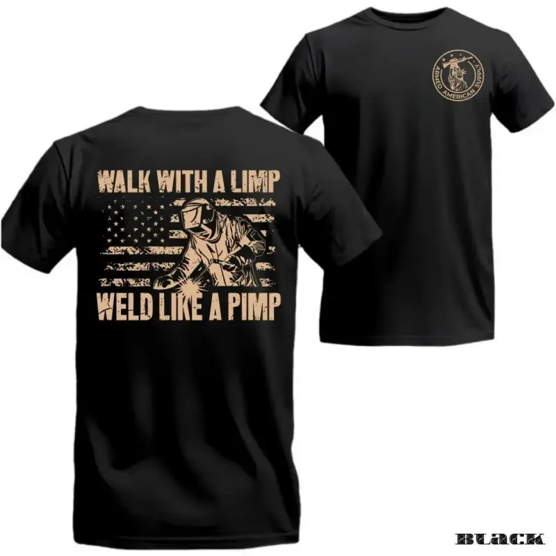 ✨[Graphic Tee]"Welding T-Shirt - 'Walk With a Limp, Weld Like a Pimp' Funny Welding Helmet Graphic, Comfortable Cotton Tee, Ideal for Welders, American Pride Enthusiasts, Relaxed Fit Unisex Menswear, Dad Joke Apparel, Retro Welding Shirt"