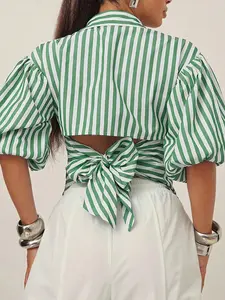 Women's Button Front Shirt Blouse with Puffy Sleeves, Back Bow Tie Design, Loose Fit, Business Casual Style, Perfect for Office Wear Valentine
