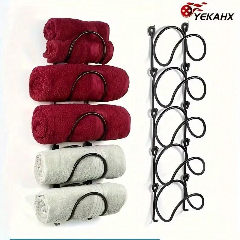 TAIMASI 5pcs Wall-Mounted Punch-Free Towel Storage Rack - Space-Saving, Multi-Functional Organizer For Towels & Bottles - Stylish Bathroom Accessories Set - For Bathroom Organization - Suitable For All Bathroom Styles - Great Gift For Housewarming