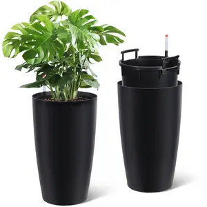 GAOMON Set of 2 Tall Planters for Outdoor Plants, 22 in Large Planters for Outdoor Indoor Plants with Water Level Monitor ＆ Inner Bucket, Automatic Watering, for Porch, Patio, Backyard, Black