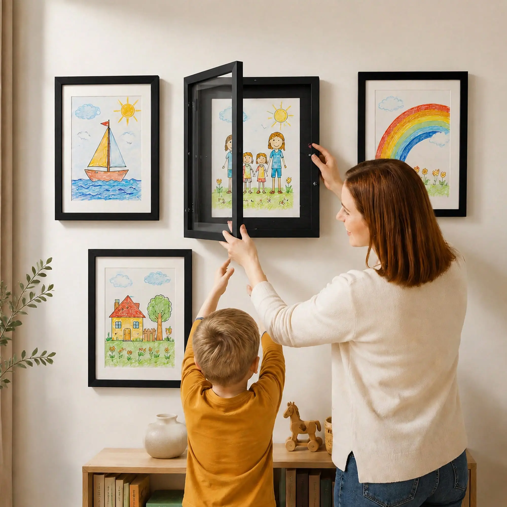 2pcs Black Wood White A4 Kids Artwork Frame Wood Paint Frames Changeable With Acrylic Front Opening Holds 150 Pictures, Art Frames For Kids Artwork With Mat Or Without Mat, Natural