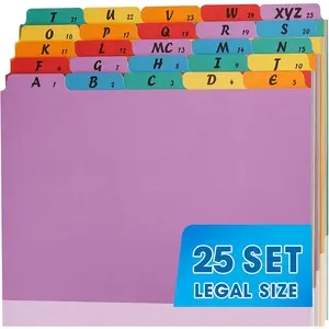 1 Set A-Z Alphabetic and Number Top Label Files Legal Size 25 Sheets 1/5 Cut File Dividers Desk Organizer for Office Home and School Rainbow