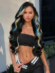 3-Tone Highlight 13x4 Lace Front Wig Black Blue Blonde Highlight Wig Pre Plucked Hairline Free Part Straight Wig Heat-Resistant Synthetic Wig for Women Daily Wear 28 Inches Natural Looking Wigs
