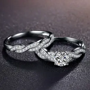 2 Piece Sparkling 4 Prong Round Cubic Zirconia  Eternal Wedding Ring Set for Women Ideal Promise Ring Gift for Birthday Valentine's Day