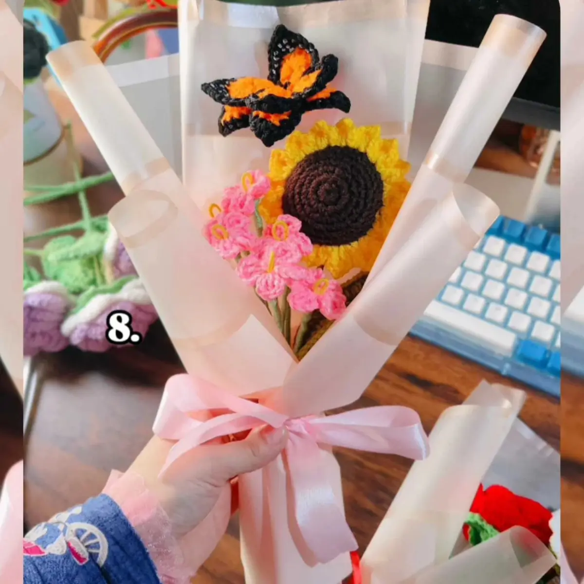 Handmade Crochet Sunflower Bouquet with Butterfly 12 Inch Gift Bouquet Flowers and Pink Bow for Special Occasions